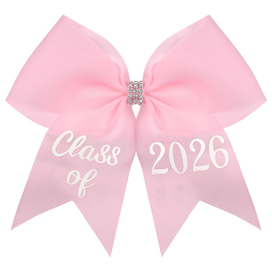 Knitgrip front view of pink Class of 2026 bow showing clear lettering and balanced design