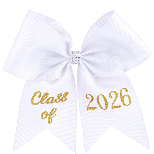 Knitgrip front view of white Class of 2026 bow, adds elegant graduation flair