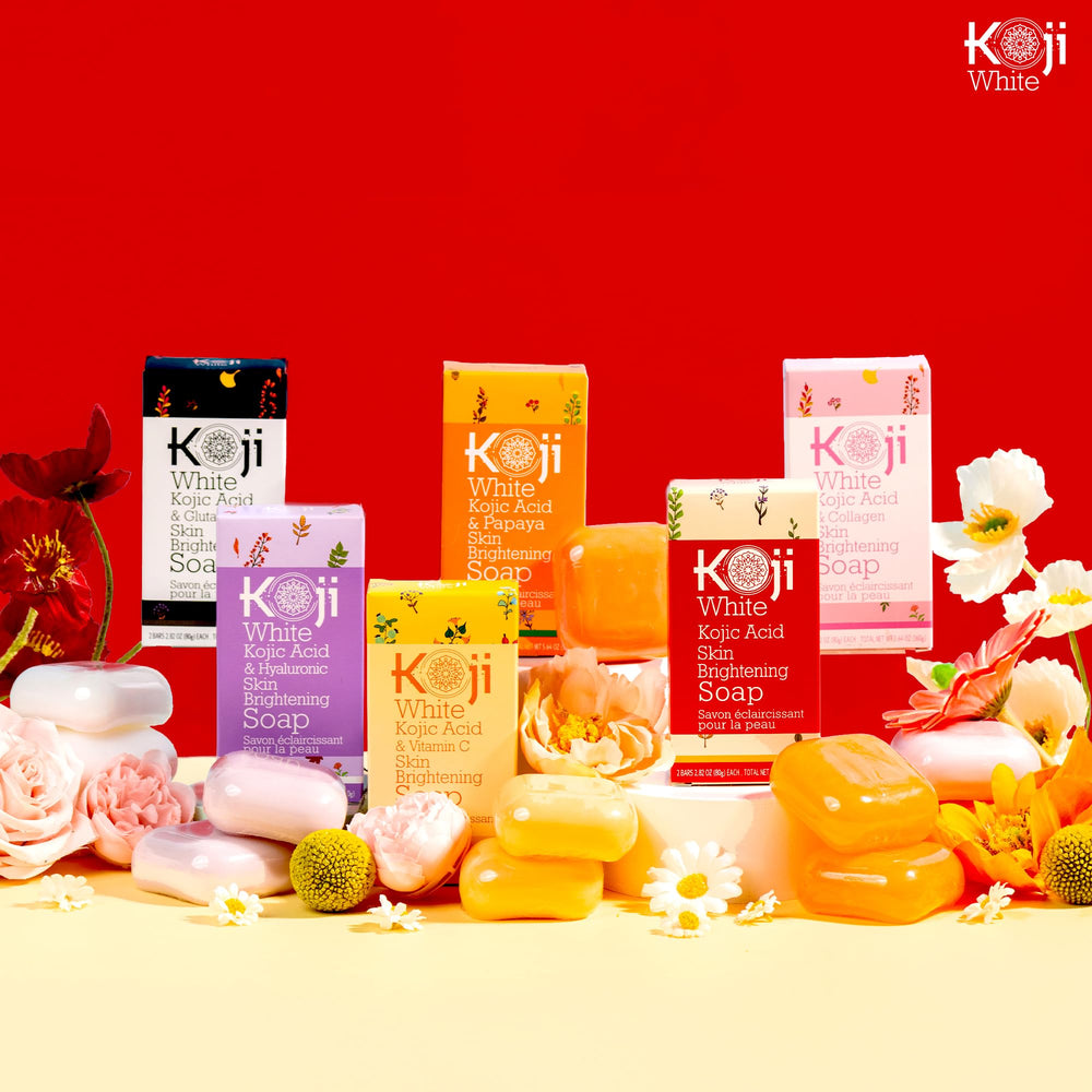 Koji White bar displayed on bathroom shelf in daily routine setting