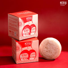Koji White soap beside a ruler illustrating compact 2.82 oz bar size