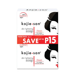 Kojie San front packaging showing two brightening soap bars and benefits