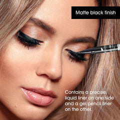 Kokie eyeliner applied on eye creating crisp wing and long wear