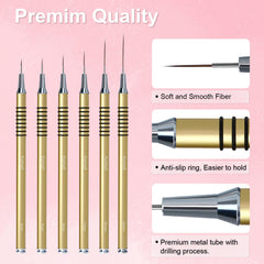 Komall six liner brushes laid side-by-side showing size range for versatility