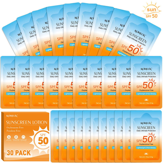 KONEUK front packaging showing 30 compact sunscreen sachets for travel convenience