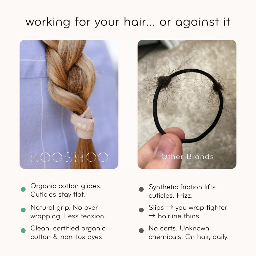 KOOSHOO close-up of organic cotton wrap texture offering gentle hair protection