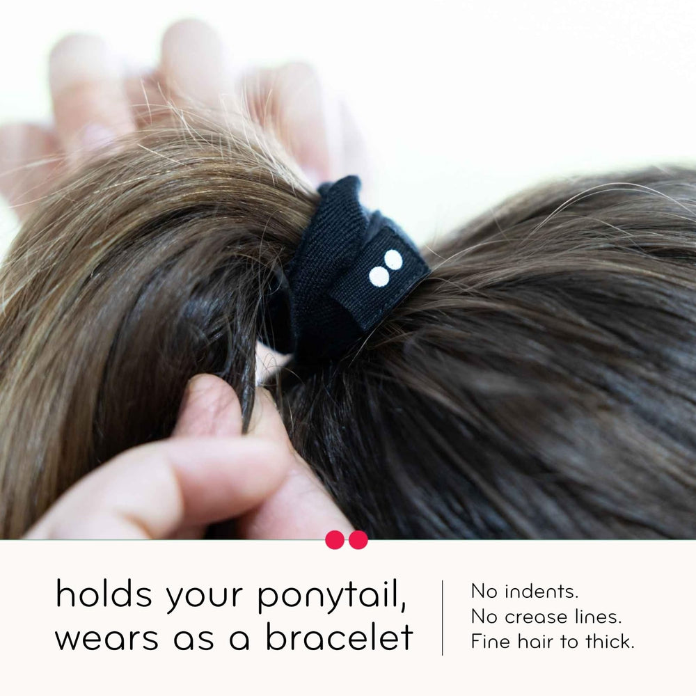 KOOSHOO hair tie holding a high ponytail on thick hair without creasing