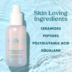 Kopari ingredients display with ceramides and hyaluronic acid highlighting barrier support