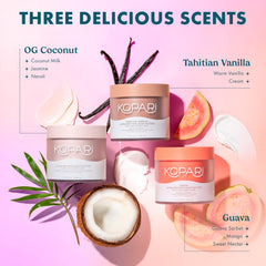 Kopari tub on beach towel suggesting tropical scent and relaxing feel