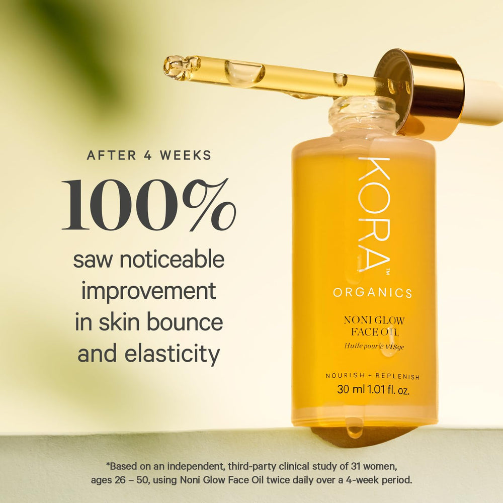 KORA Organics dropper releasing oil onto fingertips for precise application and hydration