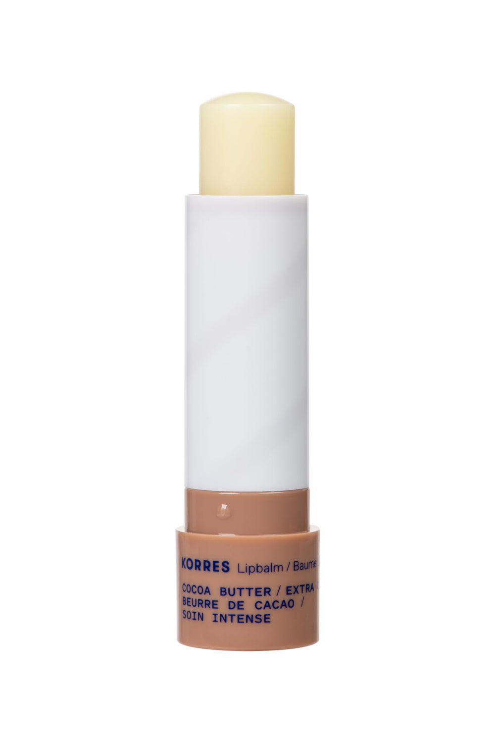 KORRES lip butter held in hand to show scale and easy on-the-go moisturizing benefit