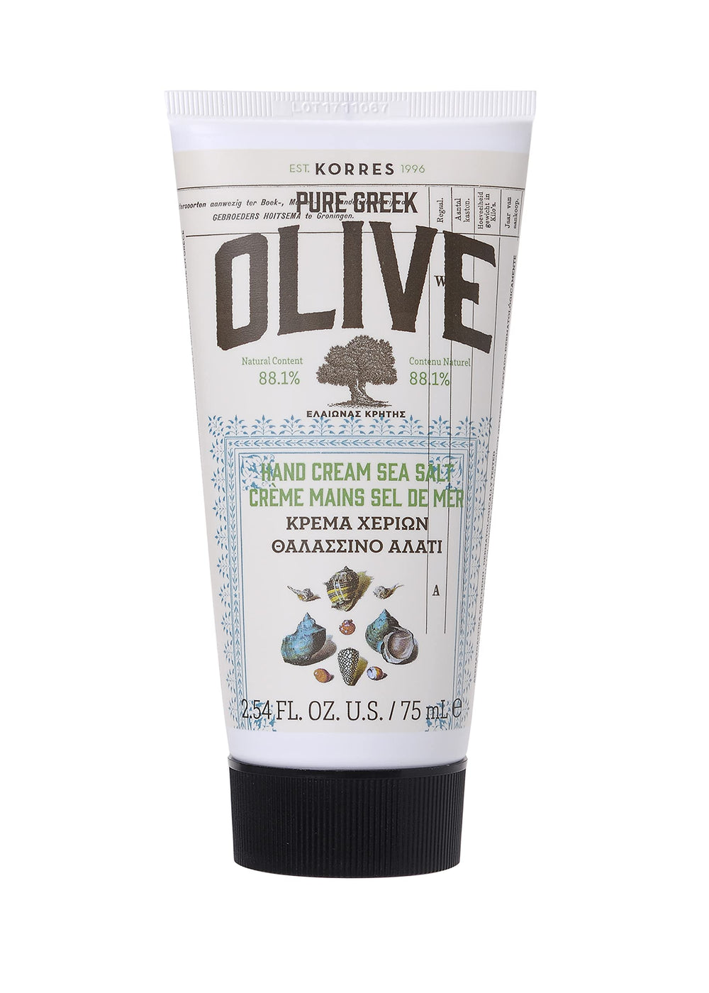 KORRES front tube showing olive hand cream and easy application