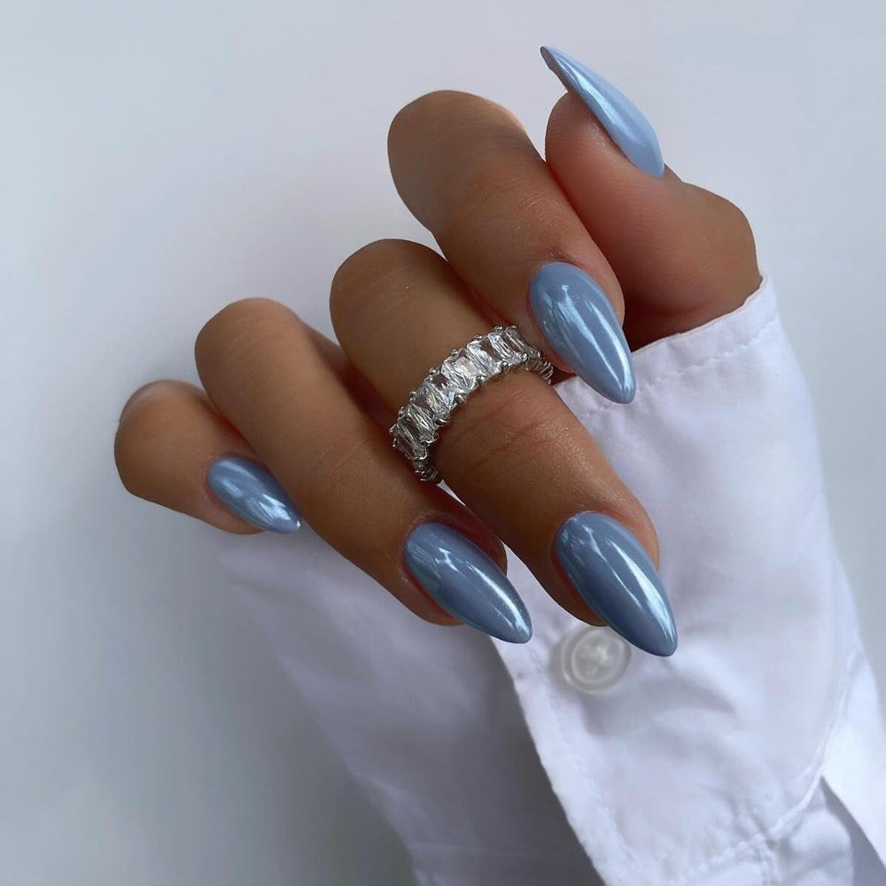 KQueenest front packaging showing baby blue almond nails and set contents for easy selection