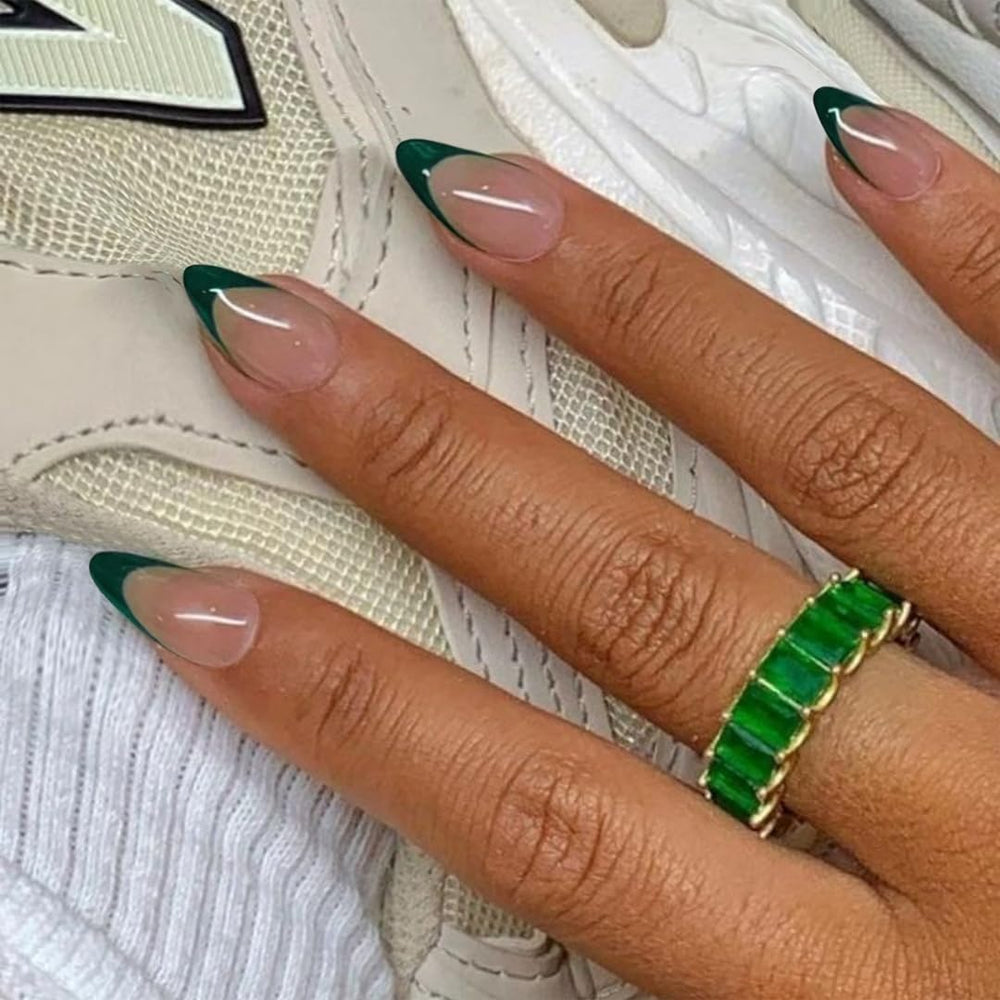 KQueenest close-up of green French tip detail highlighting precise color and polish