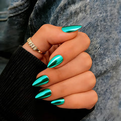 KQueenest front packaging showing teal chrome almond nails and included kit for instant glam