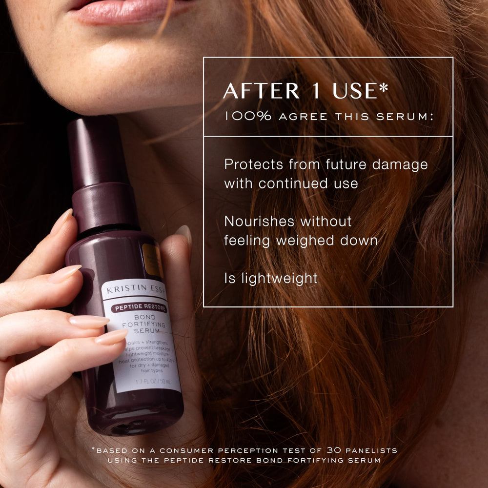 Kristin Ess bottle held in hand to show 1.7 fl oz size and portability benefit