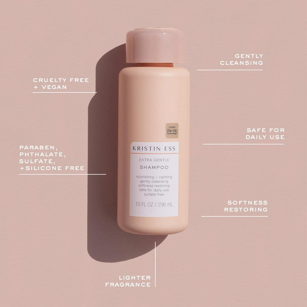 Kristin Ess shampoo paired with conditioner for hydrated, smooth hair