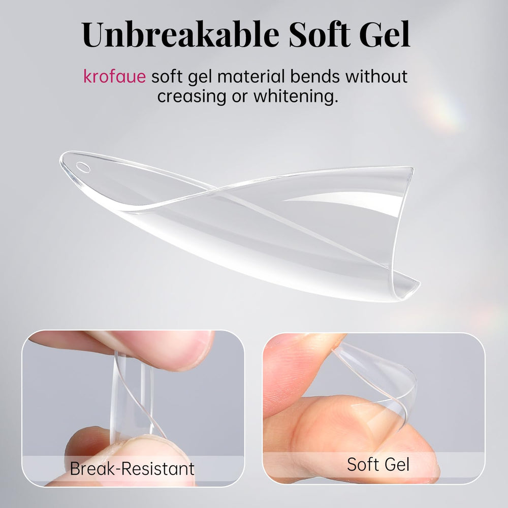krofaue hand applying a clear tip to a nail, quick DIY press-on benefit