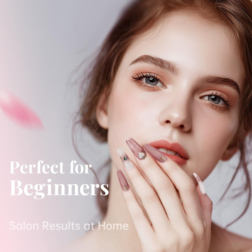 krofaue finished manicure on model showing mixed shapes and polished design