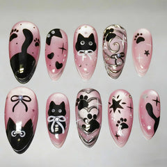 KRTBKR front full set showing 24 pink cat press-on nails and kit for instant style