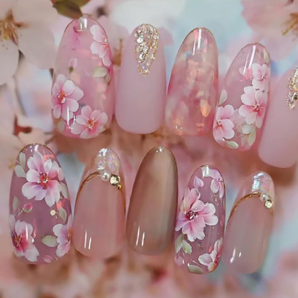 KRTBKR front packaging showing 24 pink flower press-on nails and glitter design benefits
