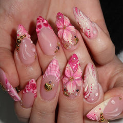 KRTBKR front packaging showing 30-piece pink floral press-on nails and tools for quick use