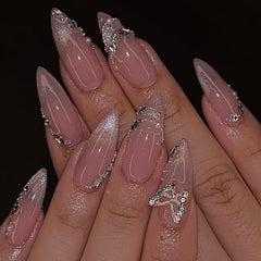 KRTBKR front packaging showing 24-piece pink rhinestone almond nails for instant style