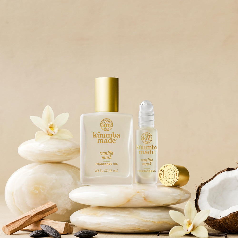 Kuumba Made still life with vanilla and sandalwood illustrating scent composition benefit