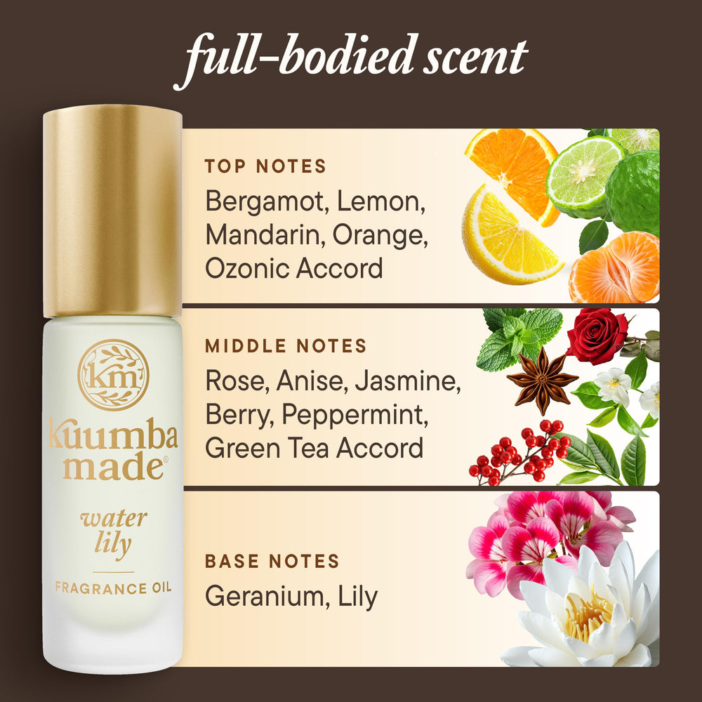 Kuumba Made label detail highlighting fragrance notes and vegan, alcohol-free benefit