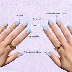 KXAMELIE glue, gel pads and cuticle tool displayed for easy application