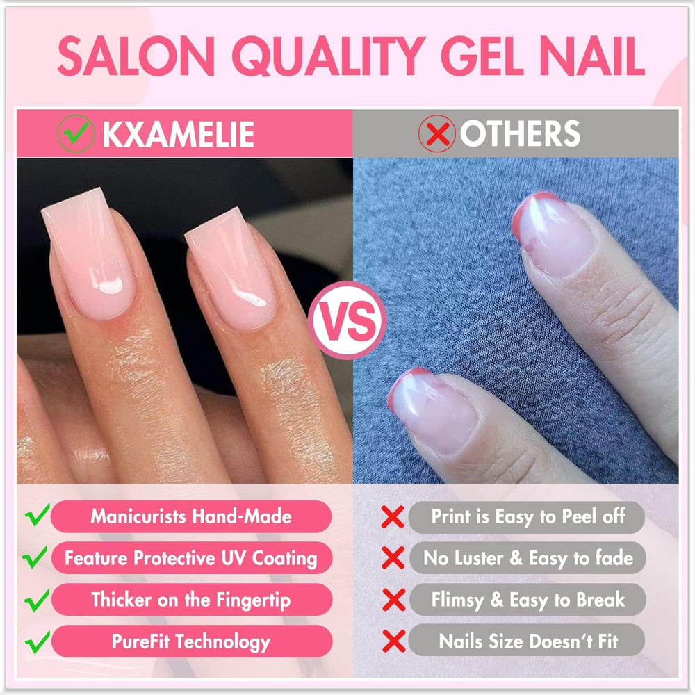 KXAMELIE hand model displaying short square nails for realistic size and styling benefit