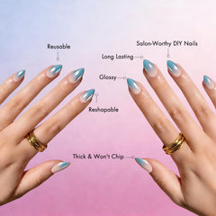 KXAMELIE single short almond nail on finger showing true-to-scale fit and natural appearance