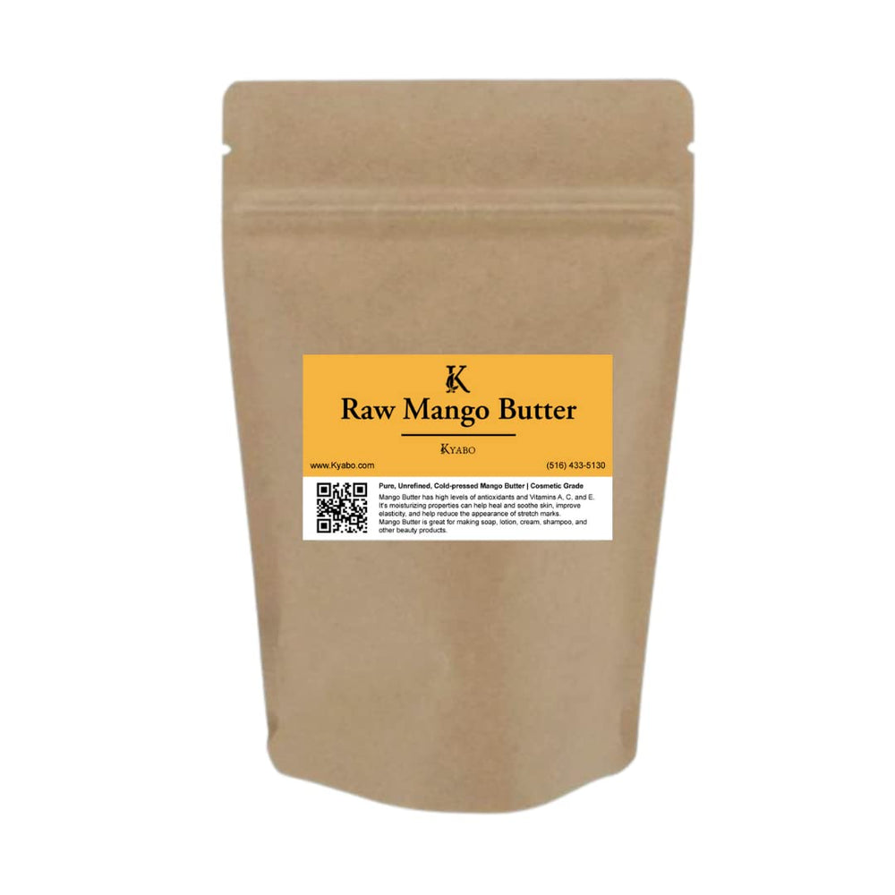 Close-up of Kyabo ingredient label confirming organic, raw, unrefined mango butter