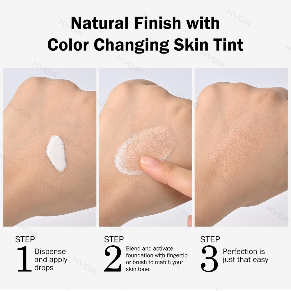 KYDA close-up of skin tint texture, highlights hydrating finish