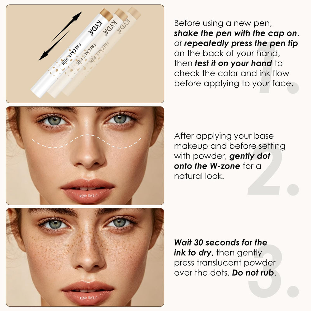 KYDA freckle pen in use on cheek adding youthful sun-kissed detail