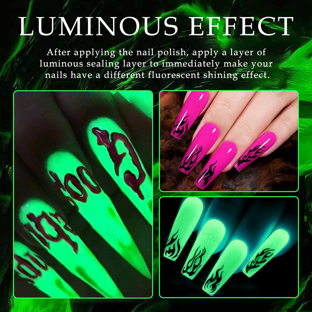 KYDA press-on nails glowing in dark showcasing dramatic fluorescent effect