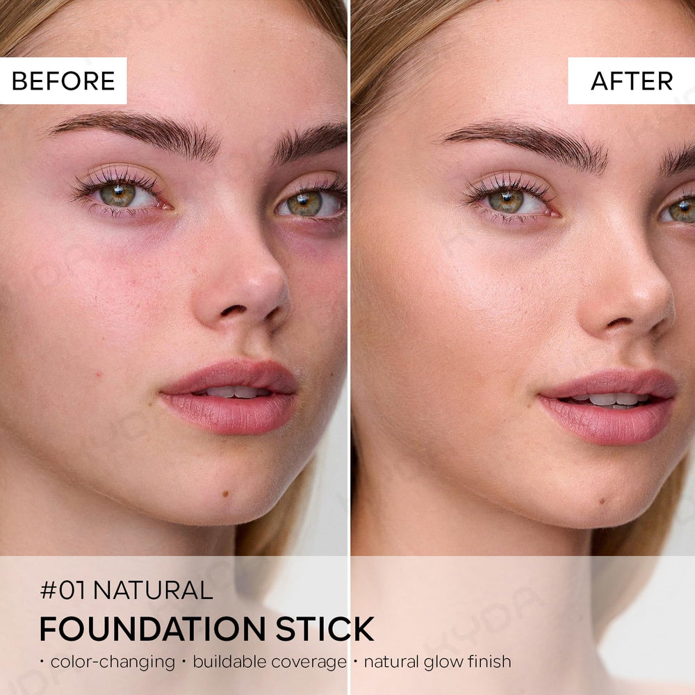 KYDA stick application on hand with white-to-skin swatches showing adaptive color match benefit