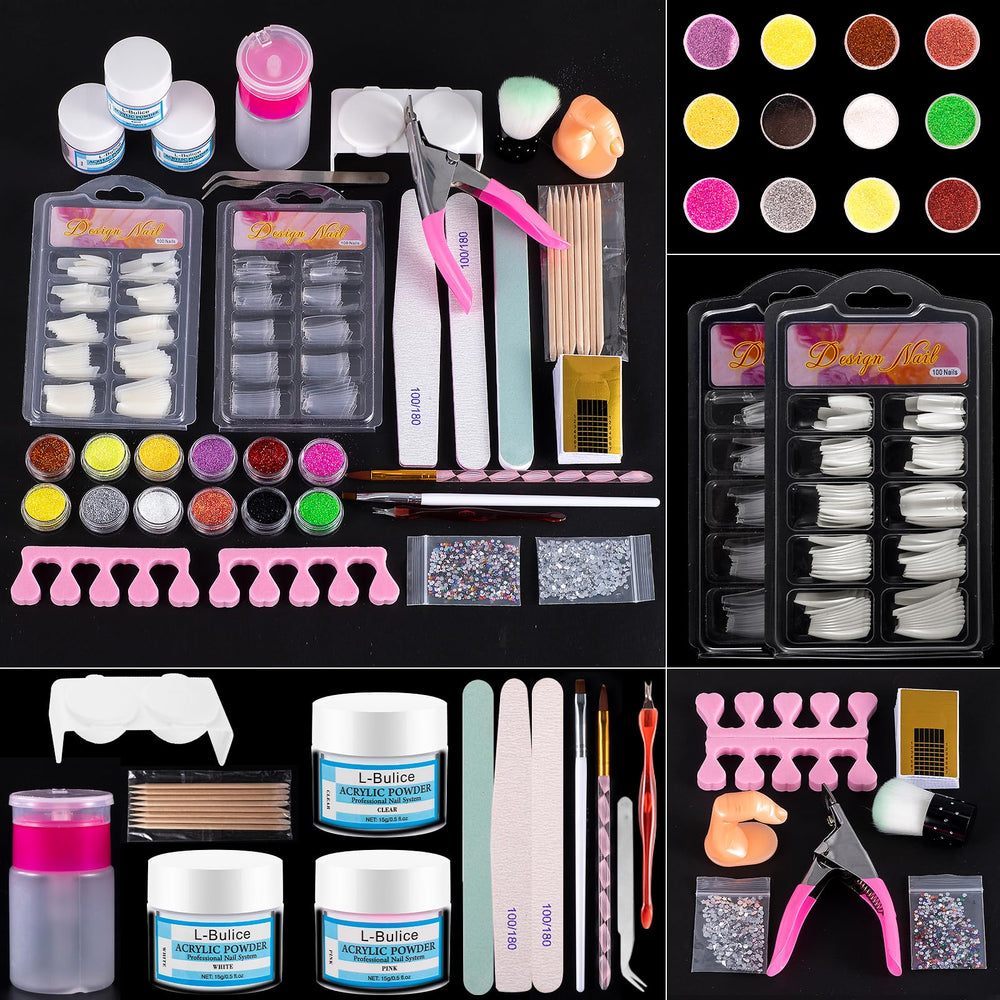 L-Bulice front packaging showing full acrylic nail kit and clear contents benefit