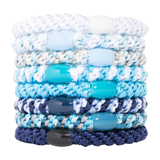 L. Erickson front pack of coastal blue and white hair ties, organized and ready