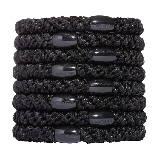 L. Erickson front pack of eight black hair ties showing neat compact set and convenience