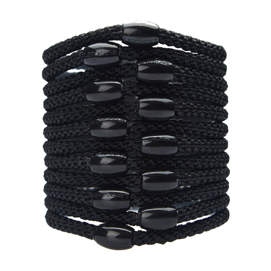 L. Erickson pack of 12 black hair ties showing neat, travel-ready packaging and convenience