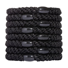 L. Erickson front pack of eight black hair ties showing neat compact set and convenience