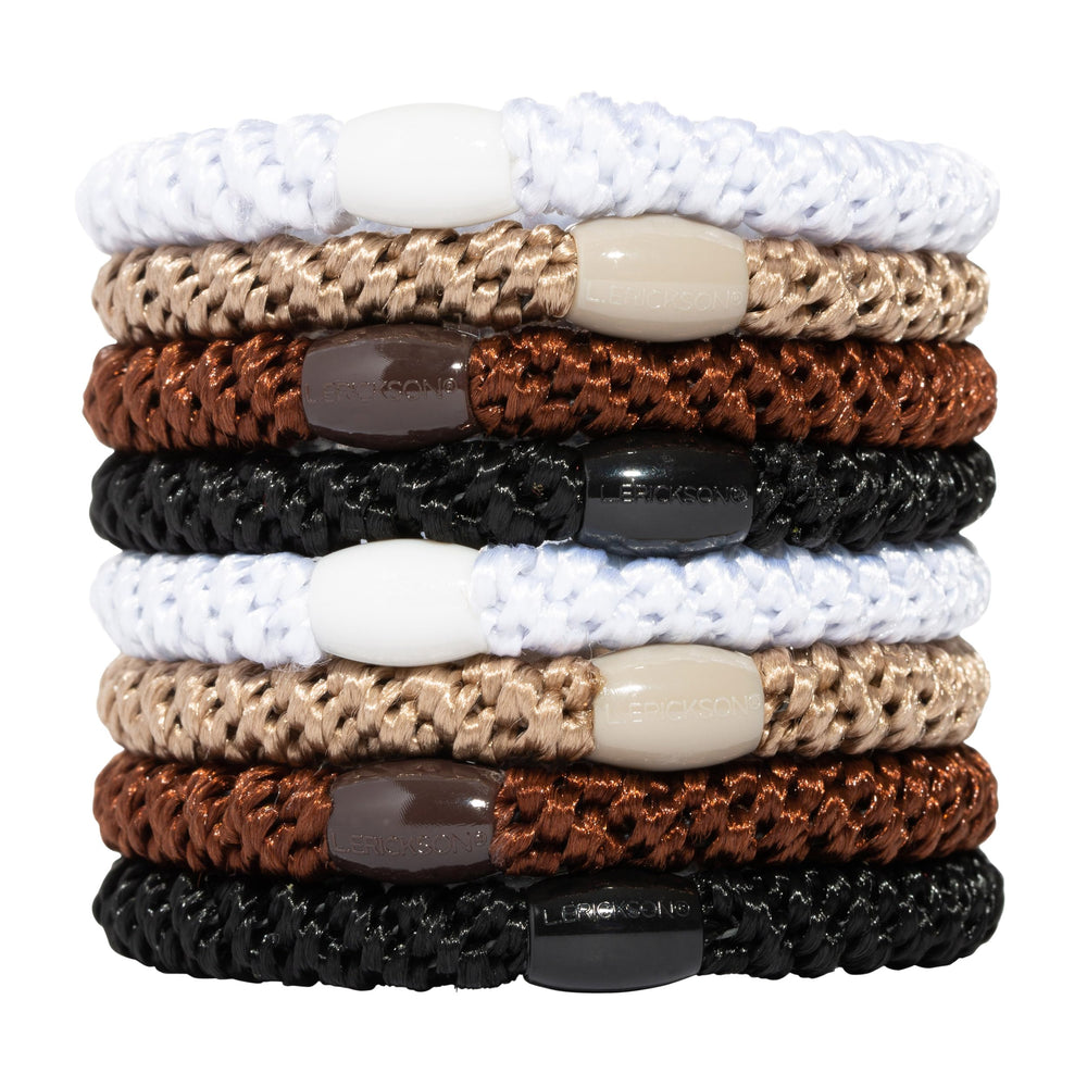 L. Erickson front packaging showing brown hair ties and 8-pack convenience