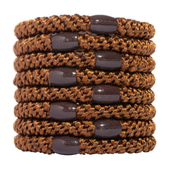 L. Erickson front packaging showing mocha 8-count hair ties, convenient pack benefit