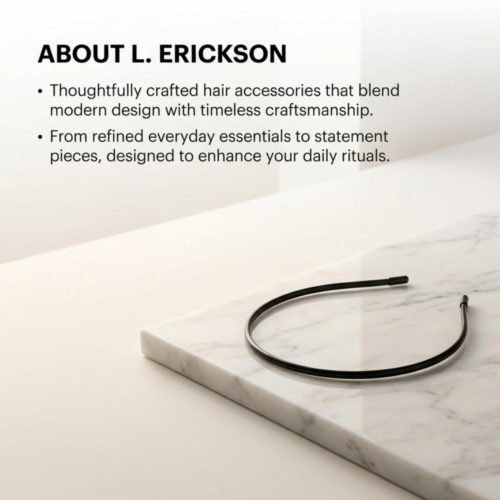 L. Erickson headband worn by model adding a neat, stylish everyday touch