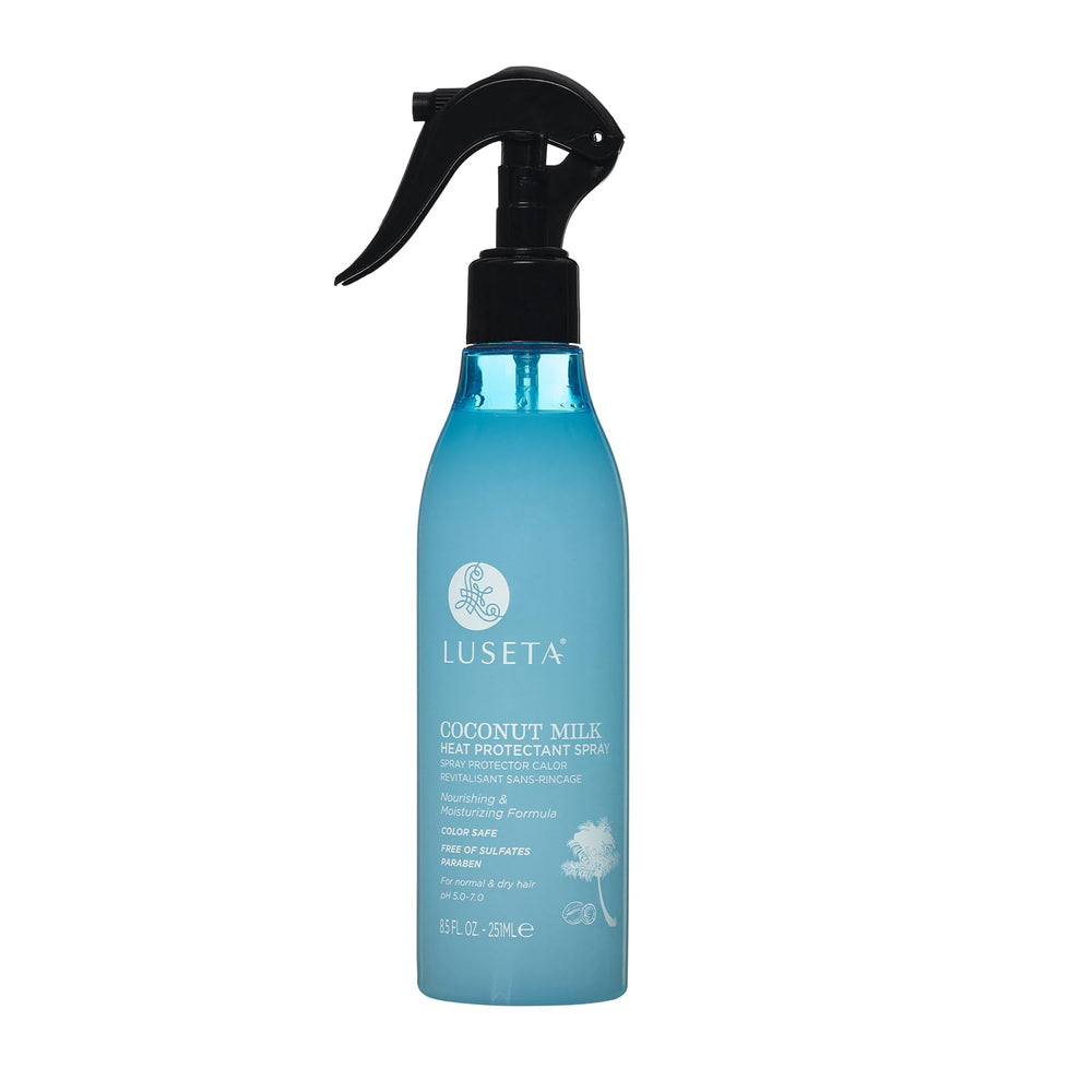 L LUSETA front bottle showing coconut milk heat spray benefits