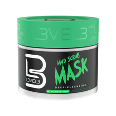 L3 mud facial scrub front jar showing label and clean packaging benefit
