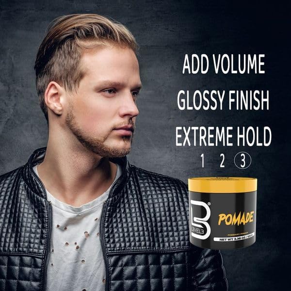 L3 pomade side label close-up detailing ingredients for gentle styling