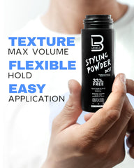 L3 styling powder applied to dry hair creating gritty texture and natural separation