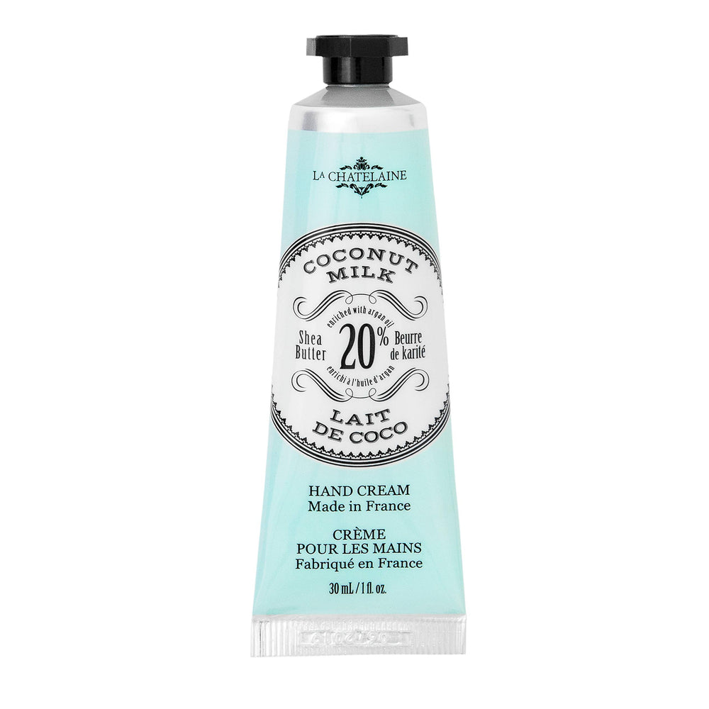 La Chatelaine tube front view showing coconut milk travel hand cream benefit hydration