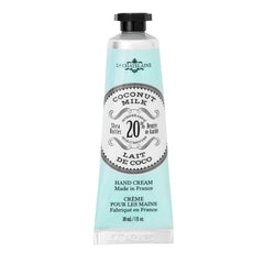 La Chatelaine tube front view showing coconut milk travel hand cream benefit hydration